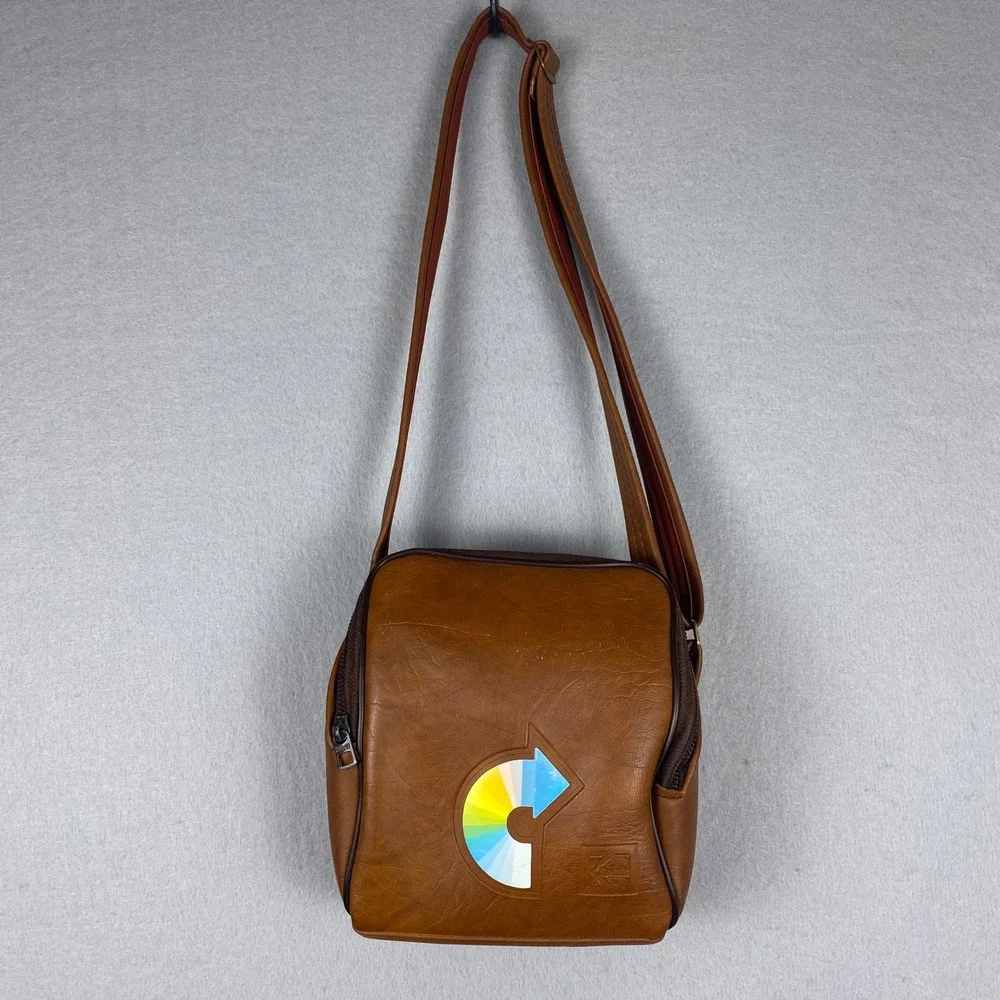 Vintage Kodak Brown Faux Leather Camera Bag Rainbow Logo Crossbody Made in USA